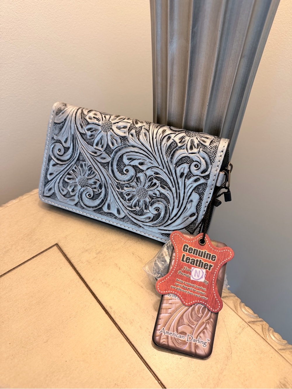 American Darling Embossed Leather Wallet - Light Gray with Black Accents